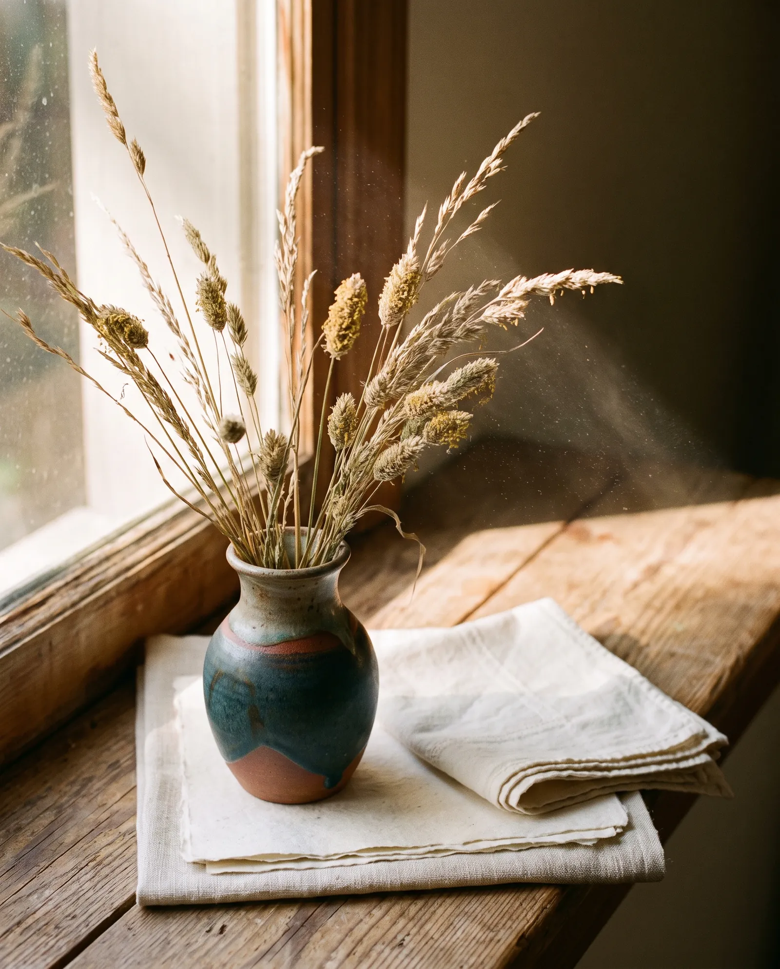 Dried grasses and seed heads in a vase on a sunlit sill