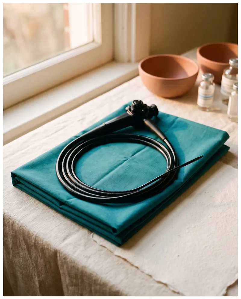 A flexible bronchoscope coiled on a sterile teal cloth