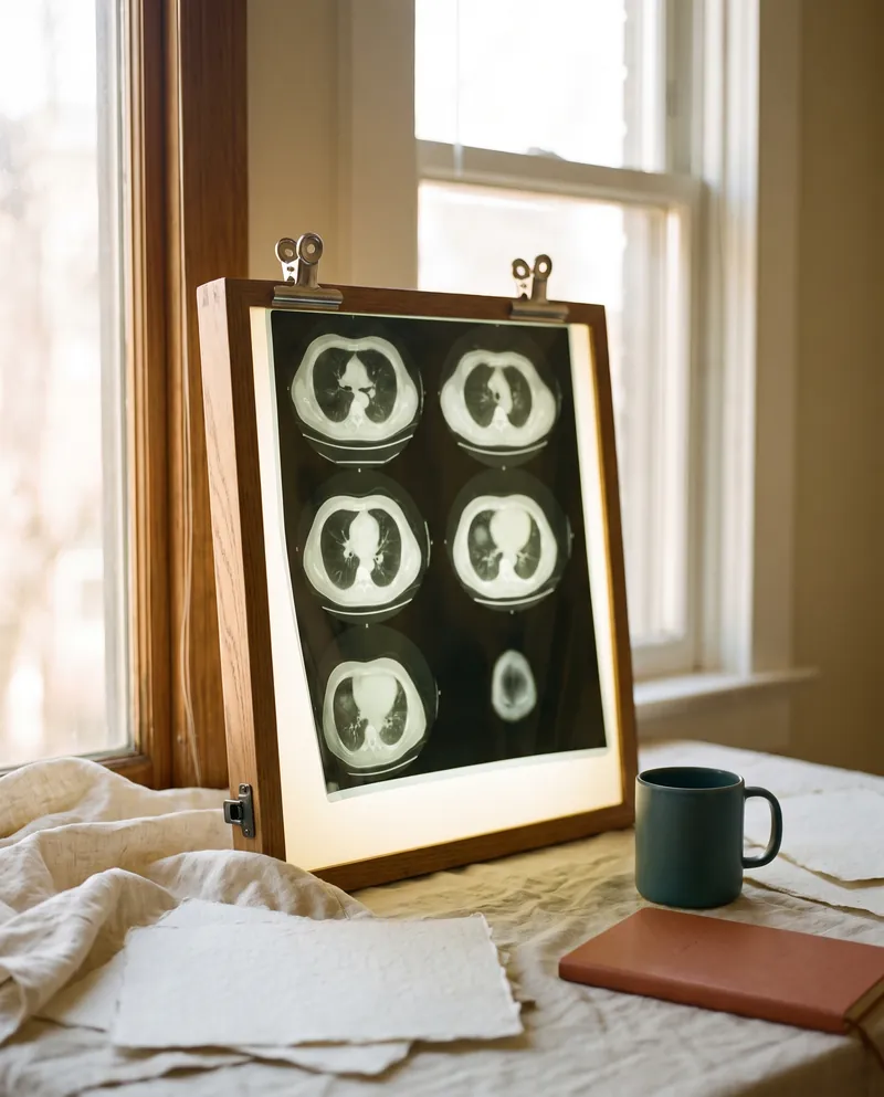 A chest CT film on a lit viewing box