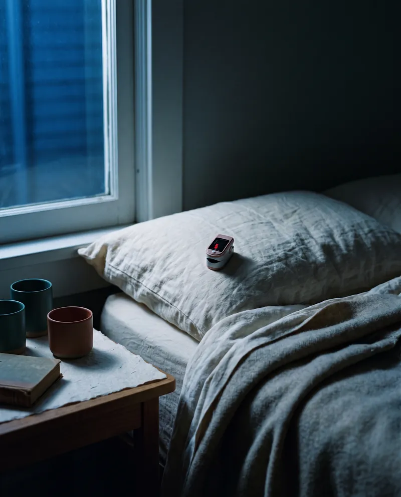 A pulse oximeter resting on a pillow at night