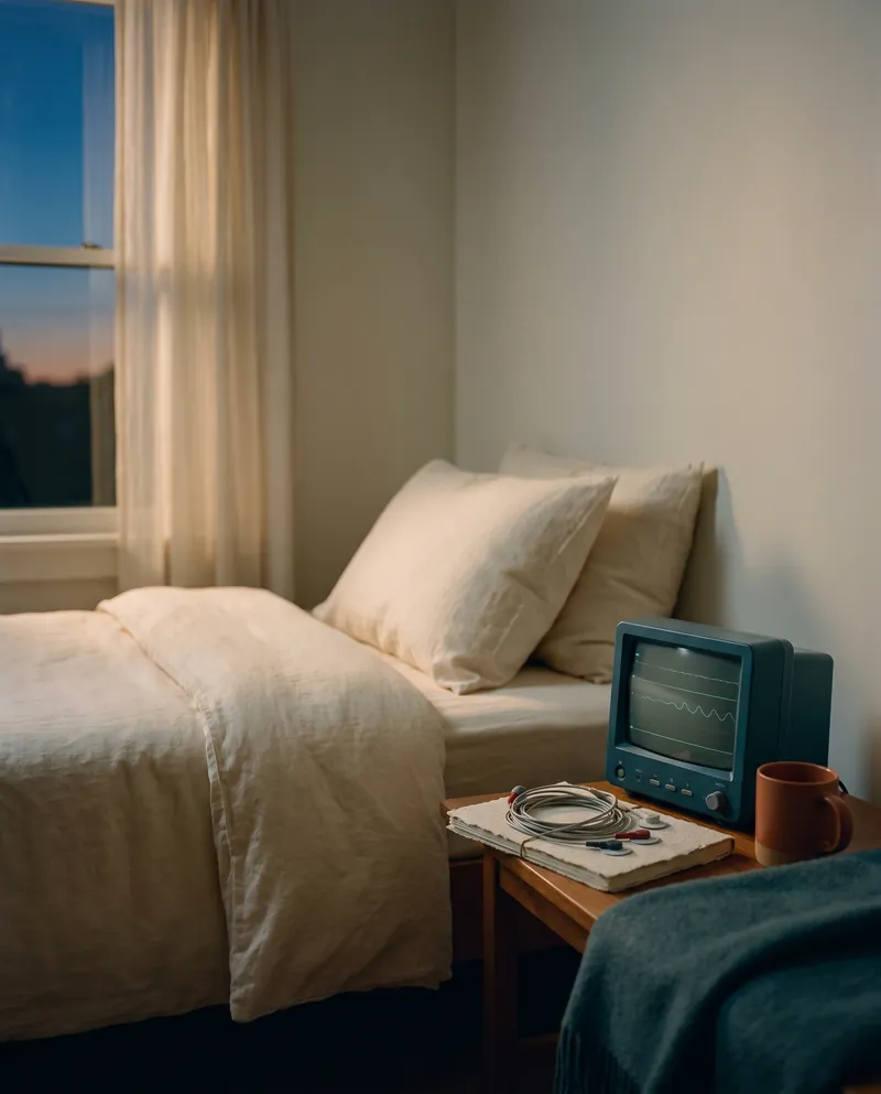 A made bed and bedside monitor in a sleep-study room