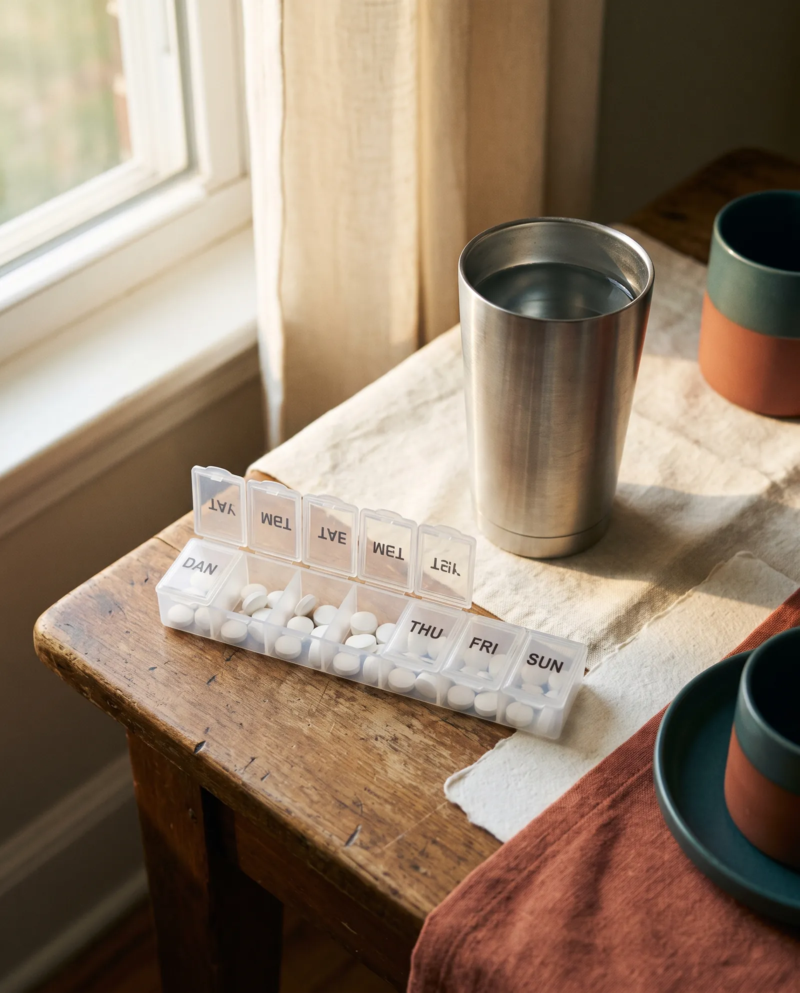 A weekly pill organiser beside a tumbler of water